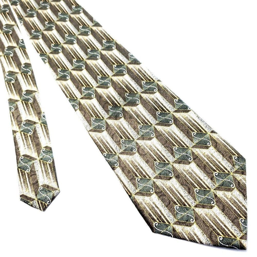 Stafford Executive Silk Tie Brown Green Geometric Print Wide